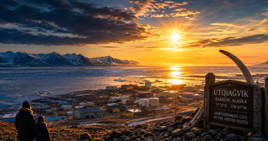 Arctic sunset over Utqiagvik, Alaska, with snow-lined town and distant mountains across icy water, sign in foreground.