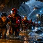 Cave rescue team in bright helmets guides a drenched survivor through a wet cavern at night, with a helicopter and torch beams in background.