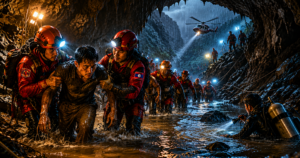 Cave rescue team in bright helmets guides a drenched survivor through a wet cavern at night, with a helicopter and torch beams in background.