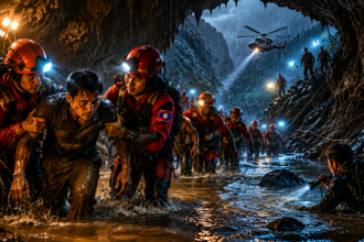 Cave rescue team in bright helmets guides a drenched survivor through a wet cavern at night, with a helicopter and torch beams in background.