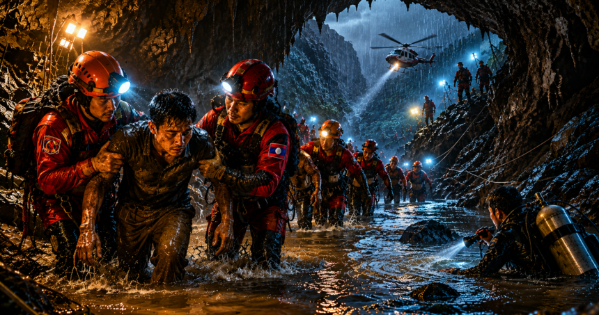 Cave rescue team in bright helmets guides a drenched survivor through a wet cavern at night, with a helicopter and torch beams in background.