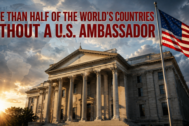 Bold red headline over a government building and US flag: 'More than half of the world's countries without a U.S. ambassador' conveying a diplomatic shortage claim