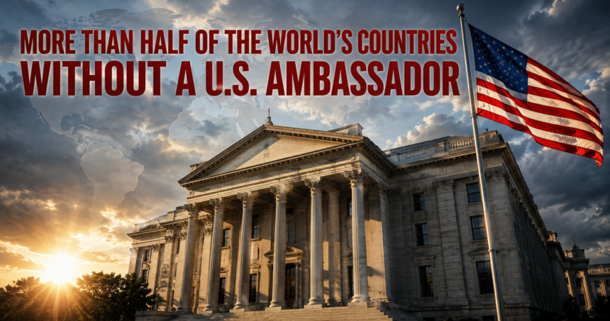 Bold red headline over a government building and US flag: 'More than half of the world's countries without a U.S. ambassador' conveying a diplomatic shortage claim
