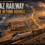 Promotional poster about global trade realignment showing the New Hejaz Railway route across the Middle East, a modern train on tracks, ships at a port, and a sunset skyline.