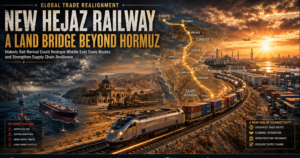 Promotional poster about global trade realignment showing the New Hejaz Railway route across the Middle East, a modern train on tracks, ships at a port, and a sunset skyline.