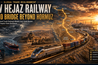Promotional poster about global trade realignment showing the New Hejaz Railway route across the Middle East, a modern train on tracks, ships at a port, and a sunset skyline.