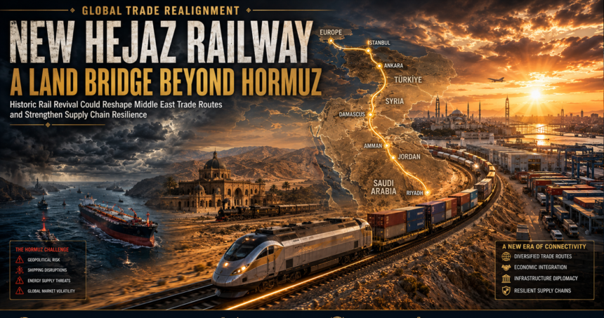 Promotional poster about global trade realignment showing the New Hejaz Railway route across the Middle East, a modern train on tracks, ships at a port, and a sunset skyline.