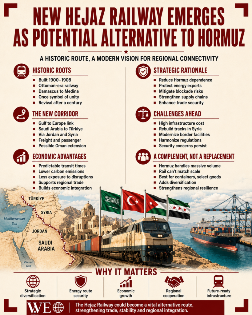Infographic showing why the Hejaz Railway could replace Hormuz, with sections on history, new corridor, economics, strategy, and flags beside a map and train imagery.