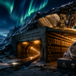 Arctic World Archive entrance in a snowy night, with the Northern Lights above and a large film reel symbolizing data preservation.