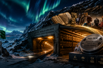Arctic World Archive entrance in a snowy night, with the Northern Lights above and a large film reel symbolizing data preservation.