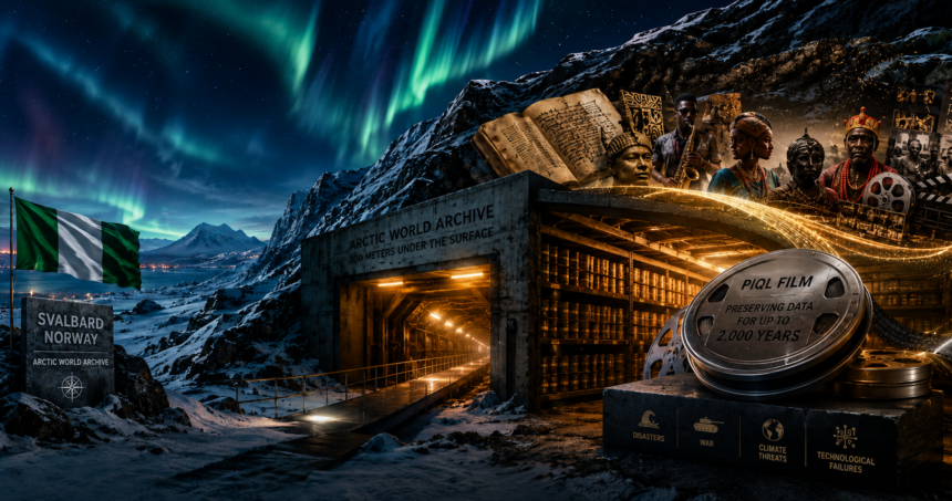 nigeria stores its history in the arctic - graphics copy - washington eye Arctic World Archive entrance in a snowy night, with the Northern Lights above and a large film reel symbolizing data preservation.