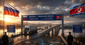 Border bridge at sunset showing Russian and North Korean flags, with a blue sign reading KHASAN – TUMANGANG BRIDGE and trucks crossing over a river.