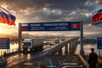 Border bridge at sunset showing Russian and North Korean flags, with a blue sign reading KHASAN – TUMANGANG BRIDGE and trucks crossing over a river.