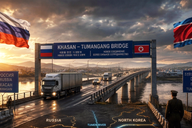Border bridge at sunset showing Russian and North Korean flags, with a blue sign reading KHASAN – TUMANGANG BRIDGE and trucks crossing over a river.