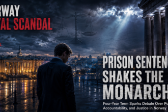 Stormy cityscape poster with a man seen from behind; large bold headlines read 'Norway Royal Scandal' and 'Prison Sentence Shakes the Monarchy'.