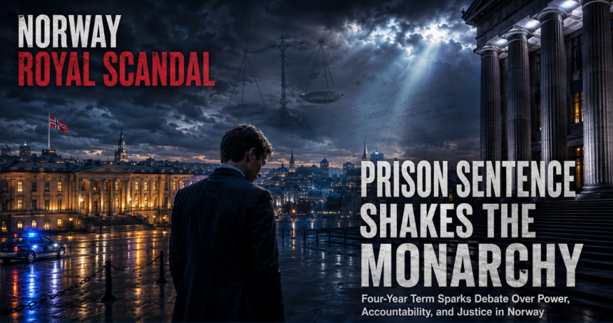 Stormy cityscape poster with a man seen from behind; large bold headlines read 'Norway Royal Scandal' and 'Prison Sentence Shakes the Monarchy'.