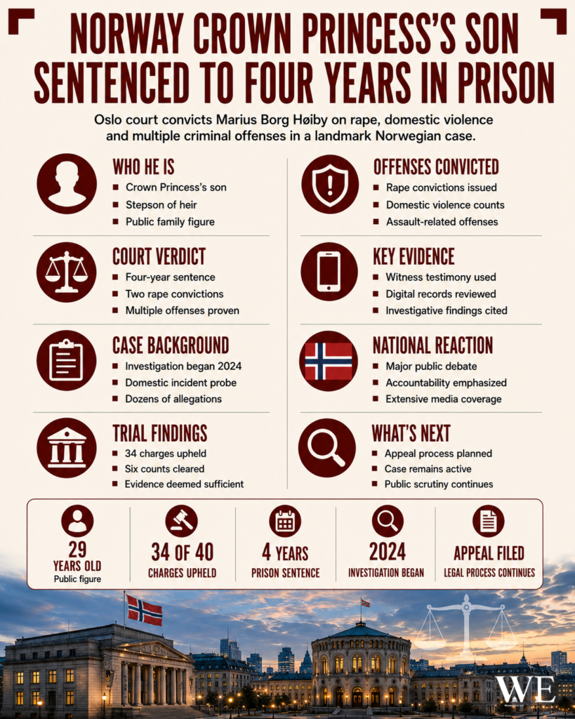 Infographic about a Norwegian royal court case: headline states Crown Princess’s son sentenced to four years; sections summarize who he is, offenses, verdict, case background, trial findings, evidence, national reaction, what's next, and bottom stats with age, charges, sentence, investigation and appeal flags. Cityscape with Norwegian flag at bottom.