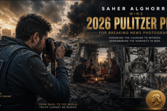 War photographer in a dirty jacket labeled PRESS aims a camera at a ruined Gaza street at sunset, with a Palestinian flag and collage of distressing scenes in the background.