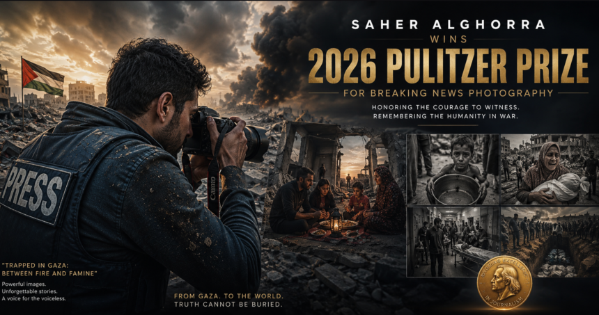 War photographer in a dirty jacket labeled PRESS aims a camera at a ruined Gaza street at sunset, with a Palestinian flag and collage of distressing scenes in the background.