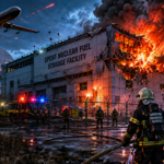 Firefighters battle a blazing nuclear storage facility at night with helicopters overhead and emergency vehicles nearby in Chernobyl, Ukraine.