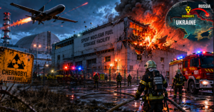 Firefighters battle a blazing nuclear storage facility at night with helicopters overhead and emergency vehicles nearby in Chernobyl, Ukraine.