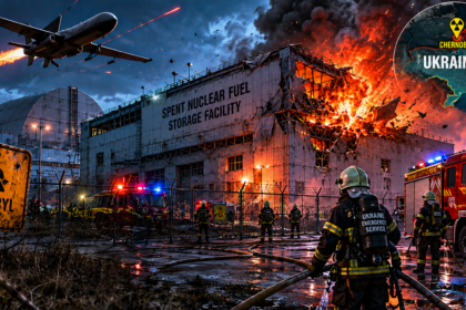 Firefighters battle a blazing nuclear storage facility at night with helicopters overhead and emergency vehicles nearby in Chernobyl, Ukraine.