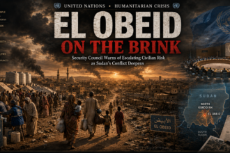 UN poster about El Obeid on the brink: civilians in a refugee camp with aid tents and a Sudan map highlighting El Obeid, plus UN visuals.