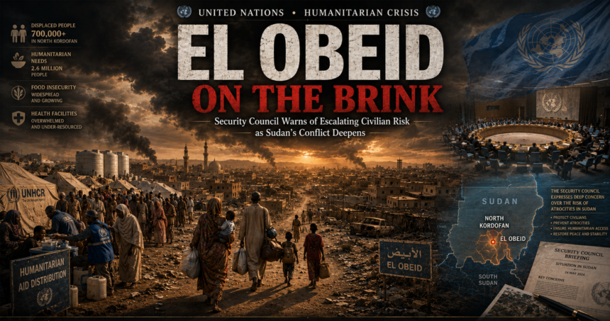 security council sounds alarm over el obeid as sudan edges closer to mass atrocity threshold 16_9 - washington eye UN poster about El Obeid on the brink: civilians in a refugee camp with aid tents and a Sudan map highlighting El Obeid, plus UN visuals.
