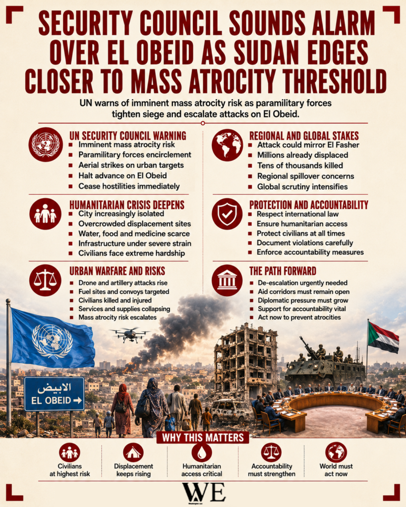 security council sounds alarm over el obeid as sudan edges closer to mass atrocity threshold 4_5 - washington eye Infographic titled 'Security Council Sounds Alarm' with UN emblem, flags, civilians, and ruined city scenes illustrating mass atrocity threats and humanitarian crisis.
