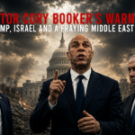 Political banner showing three suited men in front of a ruined cityscape with the U.S. flag and Israeli flag, and a bold headline about Trump, Israel, and Middle East peace relief efforts.