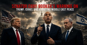 Political banner showing three suited men in front of a ruined cityscape with the U.S. flag and Israeli flag, and a bold headline about Trump, Israel, and Middle East peace relief efforts.
