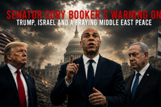 Political banner showing three suited men in front of a ruined cityscape with the U.S. flag and Israeli flag, and a bold headline about Trump, Israel, and Middle East peace relief efforts.