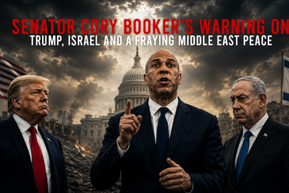 Political banner showing three suited men in front of a ruined cityscape with the U.S. flag and Israeli flag, and a bold headline about Trump, Israel, and Middle East peace relief efforts.