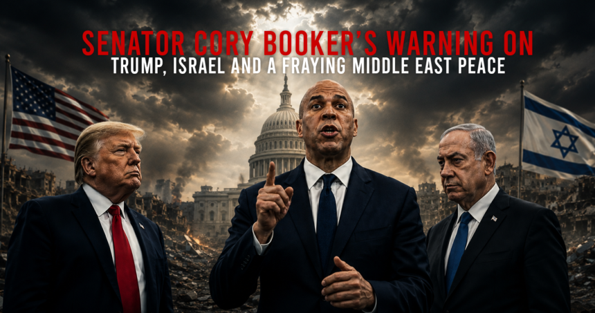 senator cory bookers warning 16_9 - washington eye Political banner showing three suited men in front of a ruined cityscape with the U.S. flag and Israeli flag, and a bold headline about Trump, Israel, and Middle East peace relief efforts.