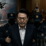 Central man in a suit escorted by two officers, with a courtroom and judges behind him, and layered backgrounds of drones, a map of Korea, and a cityscape at dusk.