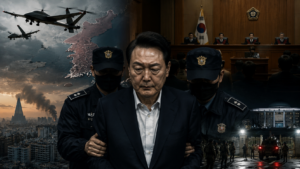 Central man in a suit escorted by two officers, with a courtroom and judges behind him, and layered backgrounds of drones, a map of Korea, and a cityscape at dusk.
