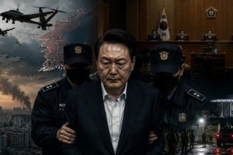 Central man in a suit escorted by two officers, with a courtroom and judges behind him, and layered backgrounds of drones, a map of Korea, and a cityscape at dusk.