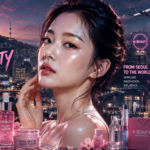 Promotional K-beauty banner with a close-up model and pink cosmetics foreground against a city skyline backdrop.