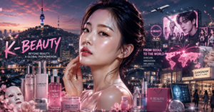 Promotional K-beauty banner with a close-up model and pink cosmetics foreground against a city skyline backdrop.