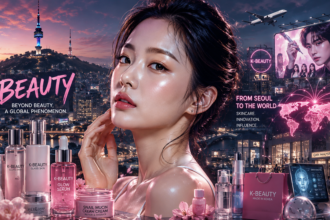 Promotional K-beauty banner with a close-up model and pink cosmetics foreground against a city skyline backdrop.
