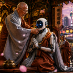 Elderly monk blesses a silver humanoid robot in an ornate temple, surrounded by monks and glowing lanterns.