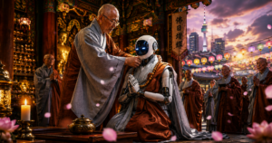Elderly monk blesses a silver humanoid robot in an ornate temple, surrounded by monks and glowing lanterns.