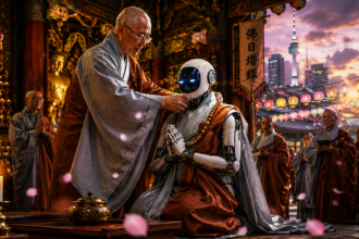 Elderly monk blesses a silver humanoid robot in an ornate temple, surrounded by monks and glowing lanterns.