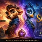 Netflix poster for the animated film Swapped, showing two animal protagonists with glowing magic and the title Swapped.