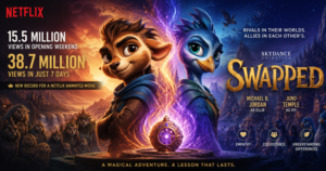 Netflix poster for the animated film Swapped, showing two animal protagonists with glowing magic and the title Swapped.