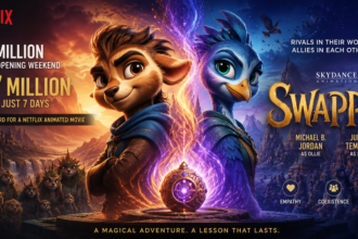 Netflix poster for the animated film Swapped, showing two animal protagonists with glowing magic and the title Swapped.