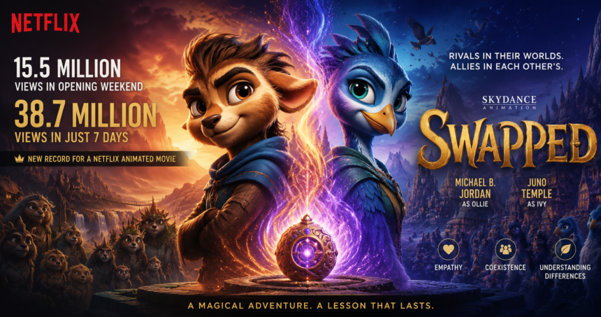 Netflix poster for the animated film Swapped, showing two animal protagonists with glowing magic and the title Swapped.