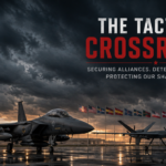 Two fighter jets sit on a rain-washed runway at sunset, flags lined up behind, with stormy clouds and the bold title 'The Tactical Crossroads' above.