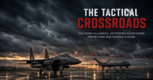 Two fighter jets sit on a rain-washed runway at sunset, flags lined up behind, with stormy clouds and the bold title 'The Tactical Crossroads' above.