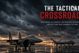 Two fighter jets sit on a rain-washed runway at sunset, flags lined up behind, with stormy clouds and the bold title 'The Tactical Crossroads' above.
